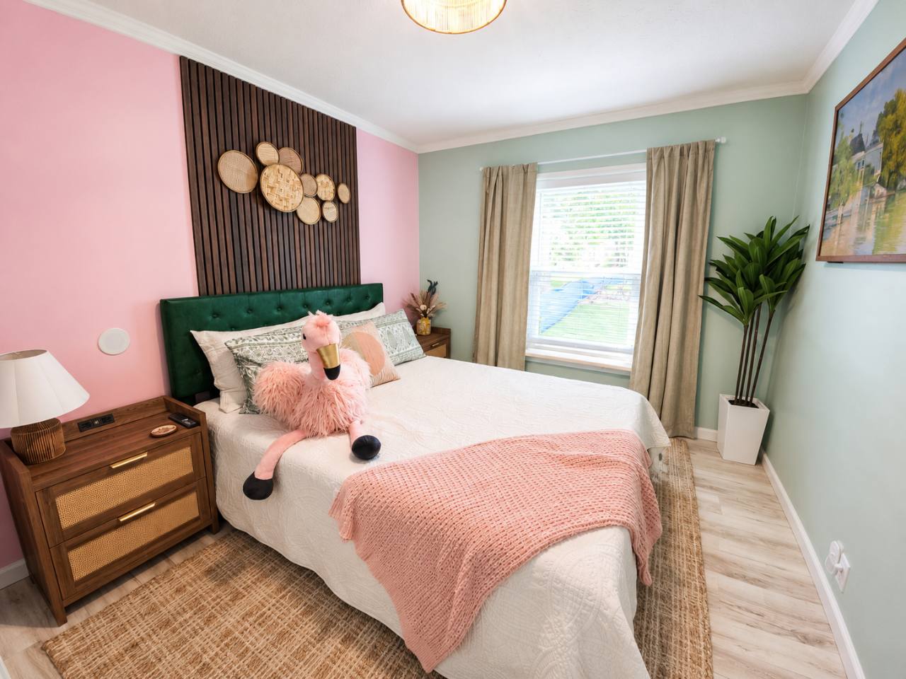 Boho bedroom with green upholstered headboard, pink blanket, flamingo plush toy and pink and green walls