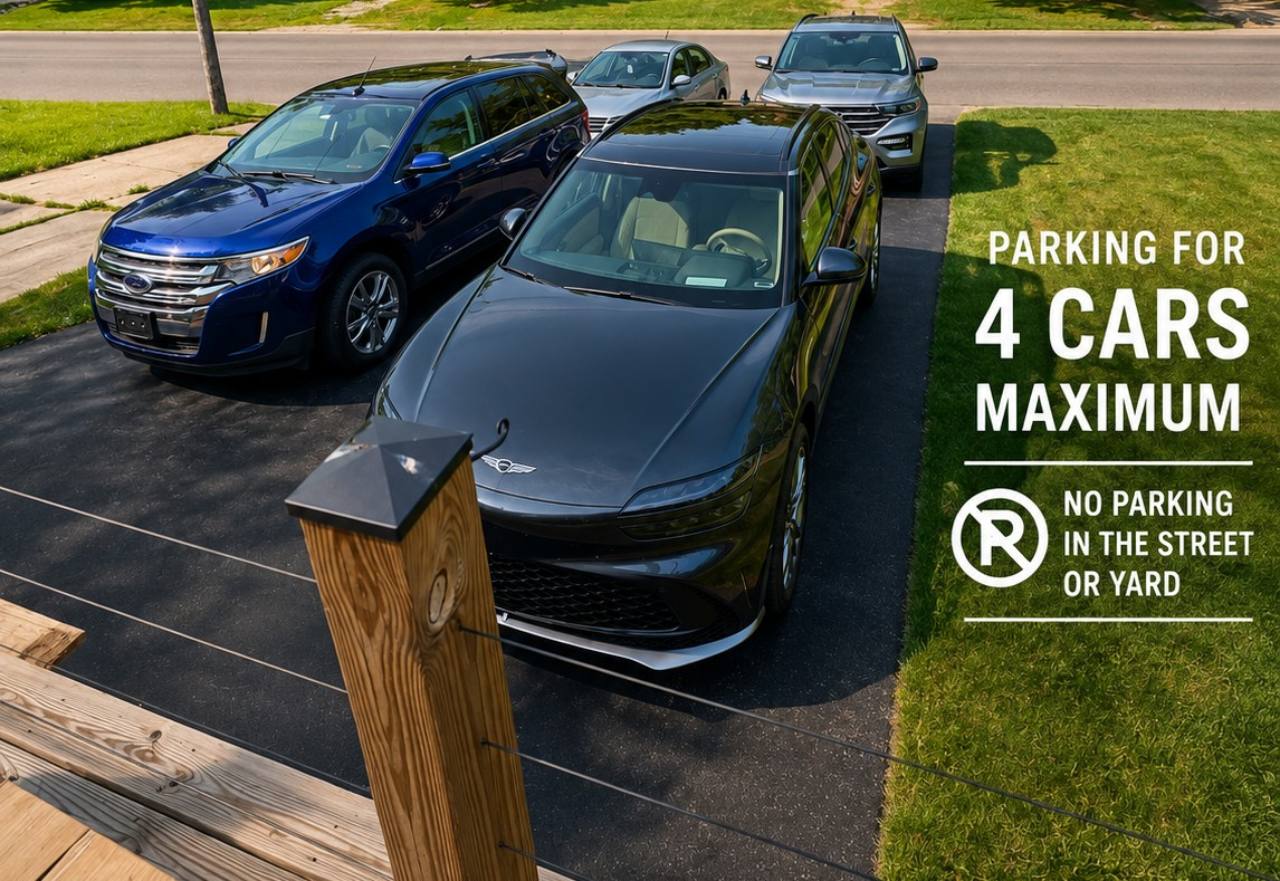 Four cars parked in the driveway with a notice stating four cars maximum and no parking in the street or yard
