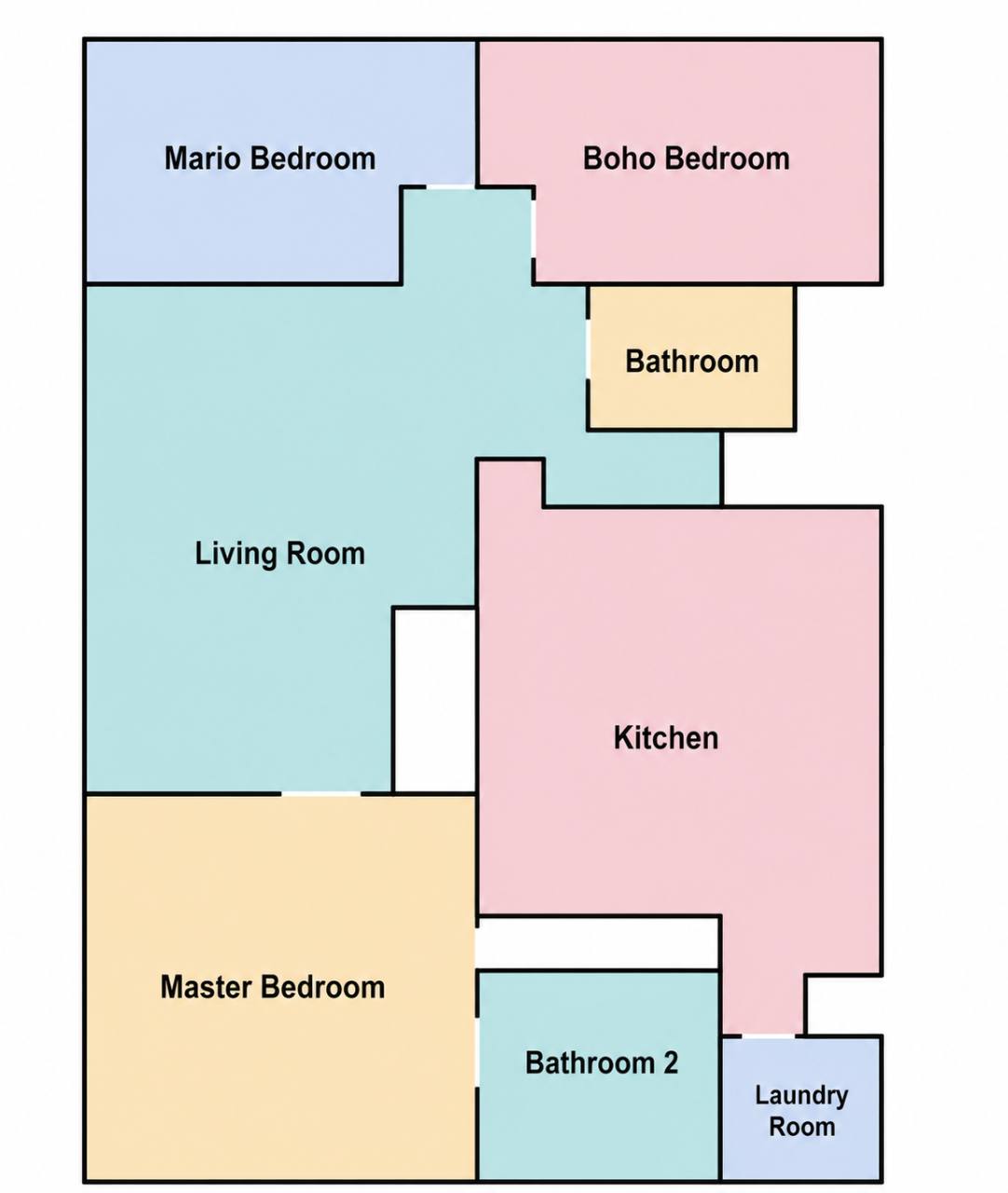 Floor plan showing Mario and Boho bedrooms, main bathroom, living room, kitchen, primary bedroom, second bathroom and laundry room