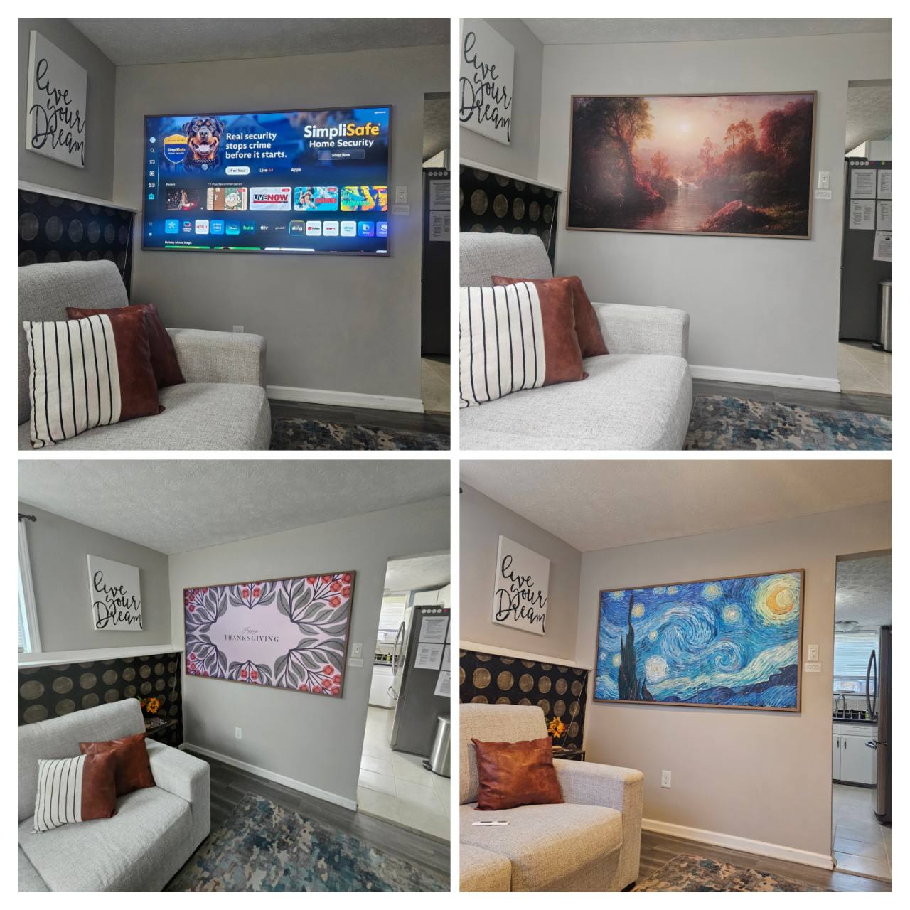 Four-photo collage of the living room television displaying its smart TV menu and several artworks beside a sofa