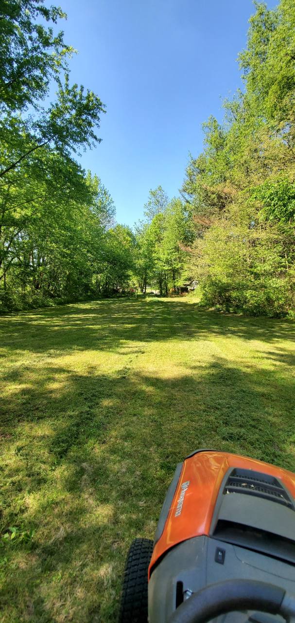 Tree-lined grassy area with part of an orange riding lawn mower visible in the foreground